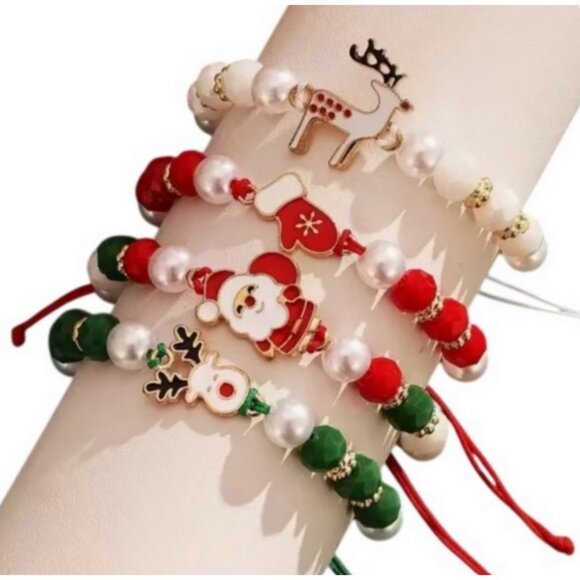 4pcs KC Golden-Plated Elastic Acrylic Bohemian Christmas Beaded Bracelets - NEW - Picture 1 of 13
